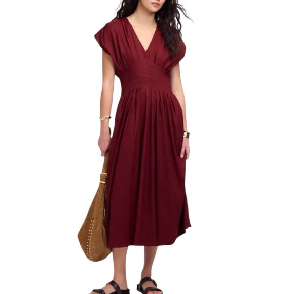Madewell Dresses & Skirts - NWT Madewell Pleated V Neck Midi Dress Linen Blend Vintage Burgundy Size 2